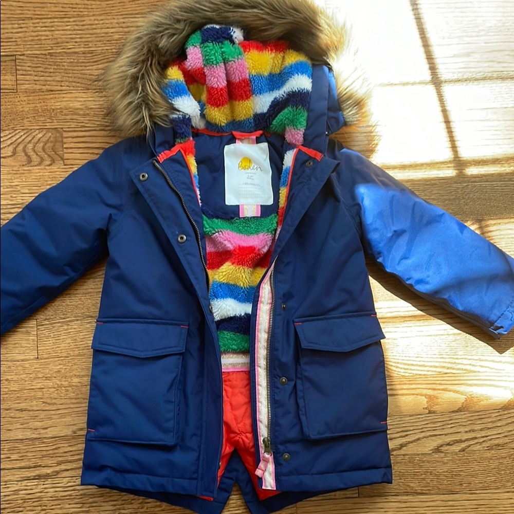 Boden Colorful Striped Lined Navy Parka with Faux Fur Hood toddler